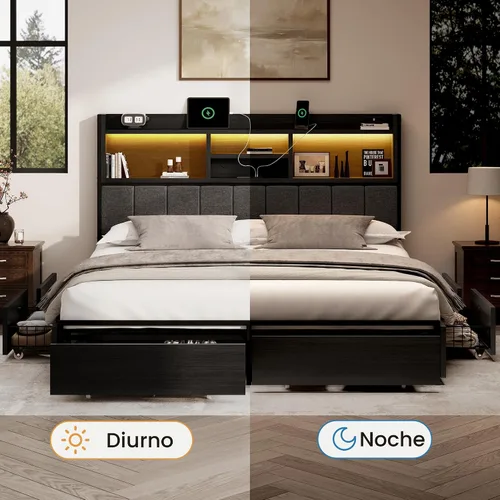 Vista 6 de BRELTAM Base de cama Queen con 6 cajones de almacenamiento, cabecera tapizada de lino, estación de carga USB integrada e iluminación LED, soporte