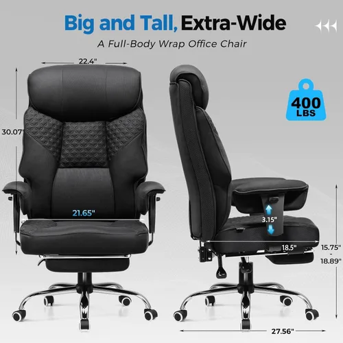 Vista 3 de GTRACING Silla de oficina grande y alta de 400LBS, ergonómica, de tela, diseño de lujo con relieve, silla para juegos con reposapiés, apoyabrazos