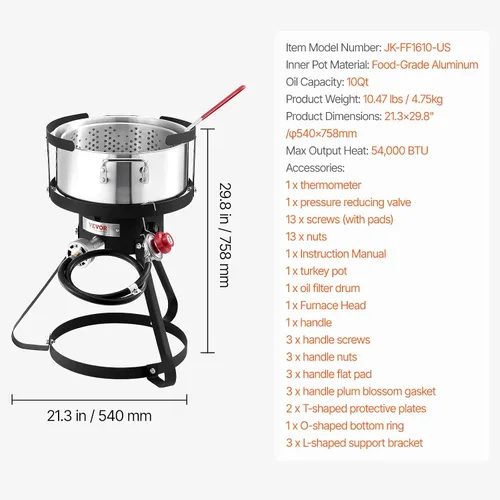 Vista 7 de VEVOR Freidora de Pescado y Alitas de 10 Qt, Kit de Freidora de Pescado de Propano de Aluminio, Freidora Profunda para Exteriores Olla para Mariscos