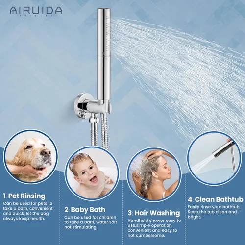 Vista 8 de Airuida Sistema de ducha con boquilla de bañera, cabezal de ducha redondo de 10 pulgadas con 2 funciones, ducha de mano, montaje en pared, juego