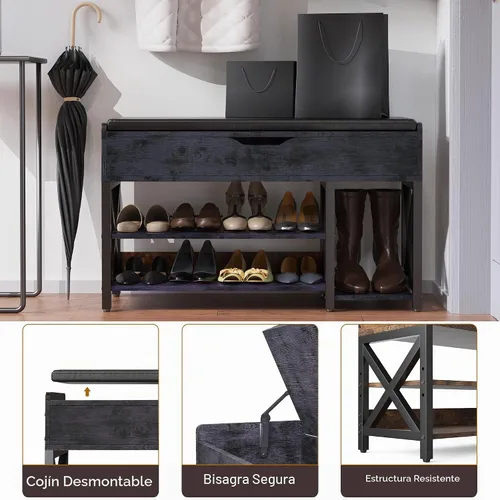 Vista 5 de Banco de zapatos, banco de almacenamiento de zapatos con parte superior elevadora, banco de entrada ajustable con cojín acolchado para entrada