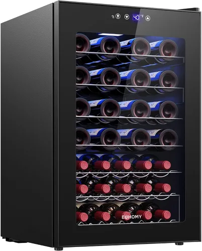 Vista 11 de EUHOMY Nevera de vino independiente de 18 litros, mini nevera para 4 botellas y 6 latas para vino tinto y blanco, bodega con pantalla digital LED
