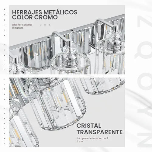 Vista 5 de Accesorio de Iluminación de Baño Moderno de 3 Luces Cromado Luces de Tocador de Baño Sobre Espejo Aplique de Pared con Pantallas de Cristal K9 Base
