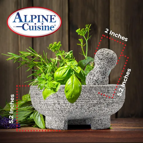 Vista 7 de Alpine Cuisine Juego de molcajete de mortero y mortero de granito de 8 pulgadas, granito sin pulir, tazón de molinillo de especias para salsa Piedra