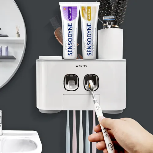 Vista 9 de Portacepillos de Dientes, Portacepillos de Dientes Multifuncional Montado en Pared, Dispensador de Pasta de Dientes para Baño con 2 Exprimidores