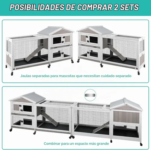 Vista 8 de Ketive - Conejera de 2 niveles con ruedas, jaula para animales pequeños para interiores y exteriores