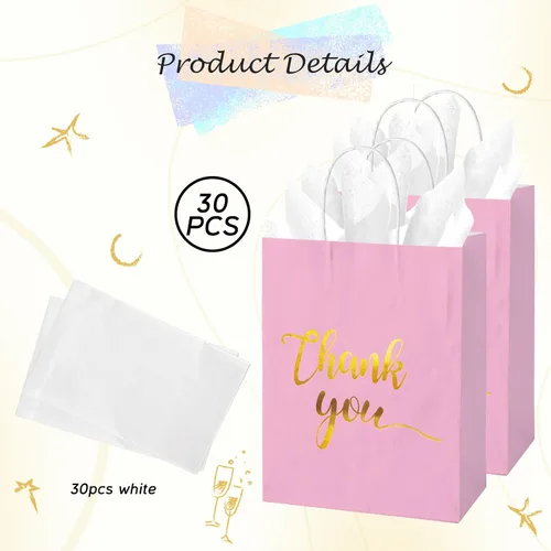 Vista 4 de 30 bolsas de regalo de agradecimiento con papel de seda dorado con asas para bodas, cumpleaños, negocios, compras, baby showers, recuerdos de Rosado