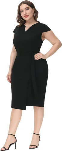 Vista 2 de Hanna Nikole Vestido de tubo ajustado con cinturón para mujer, talla grande, con mangas casquillo, para el trabajo, negocios