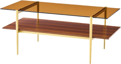 Vista 4 de Shrine - Mesa de café rectangular, diseño moderno de mediados de siglo, estructura de 2 niveles, parte superior de vidrio ámbar y estante de MDF