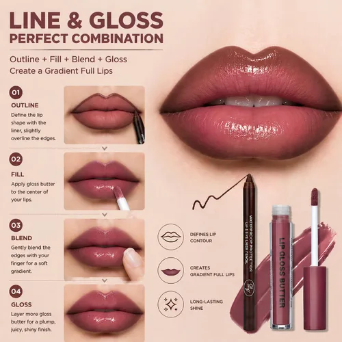 Vista 100 de BAISEN DIARY 2 en 1 doble punta mate delineador de labios y brillo de labios, lápiz combinado de labios marrón nude degradado, delineador de labios