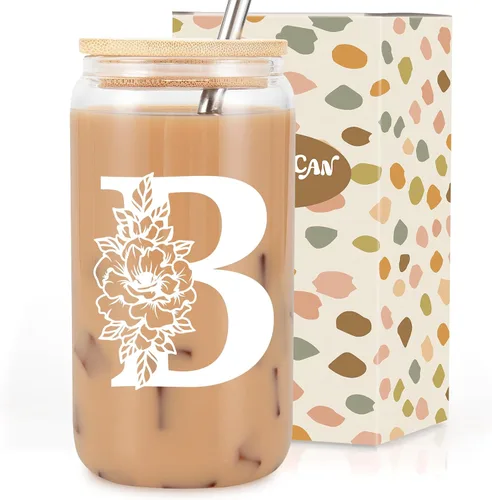 Vista 26 de Taza de Vidrio Inicial Coolife, Regalos Personalizados para Mujeres, Tazas de Vidrio de 16 oz con Tapas y Popotes, Taza para Café Helado, Licuado