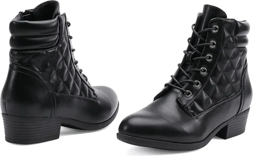 Vista 5 de CentroPoint Botines militares de tacón de bloque para mujer, botas de combate de cuero, botines de moda