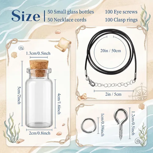 Vista 2 de Sawysine Juego de 50 mini botellas de vidrio de 0.3 fl oz con collar de corcho, frasco pequeño de botella de deseos, cordón encerado negro Colorido