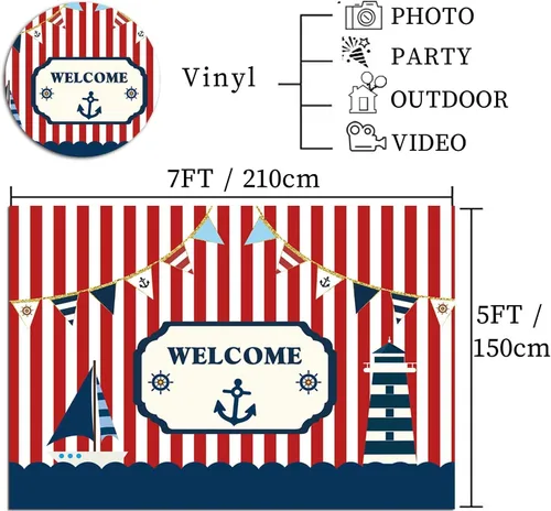 Vista 3 de Fondo de fotografía para fiestas temáticas náuticas de 7 x 5 pies, color rojo y blanco, a rayas marinas, barco, decoración de fondo para niños