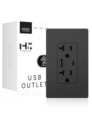 Vista 8 de MOES - Salidas USB (certificadas UL), puertos tipo C y USB-A, carga rápida de 5VDC 4.8A 24W, resistente a manipulaciones, compatible con caja