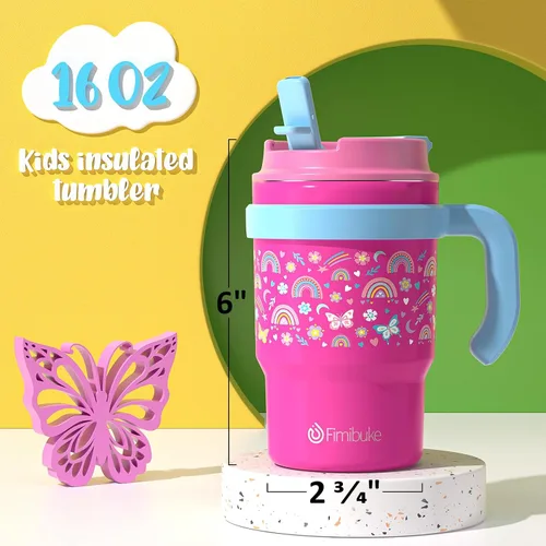 Vista 3 de Fimibuke Taza térmica para niños con asa y pajita - 16 oz Vaso a prueba de fugas para niños pequeños con tapa 2-en-1 de sorbo/trago, sin BPA