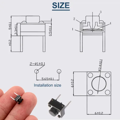 Vista 2 de Botón táctil táctil de 2 pines, interruptor momentáneo vertical de 0.236 x 0.236 x 0.197 in, componentes electrónicos para panel PCB