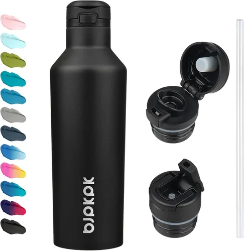 Vista 15 de BJPKPK Botella de agua aislada con pajilla, botellas de agua de acero inoxidable de 17 onzas con 2 tapas y asa de transporte, botella térmica