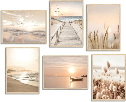 Vista 17 de DULASI Juego de 6 lienzos de paisaje costero de playa, impresiones en lienzo de océano rosa y azul, cuadros abstractos de paisaje marino de verano
