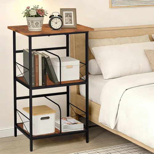 Vista 4 de Soporte para tocadiscos con 4 divisores ajustables, almacenamiento de discos de vinilo con capacidad para 200 LPs, mesa auxiliar de 3 capas, mesa