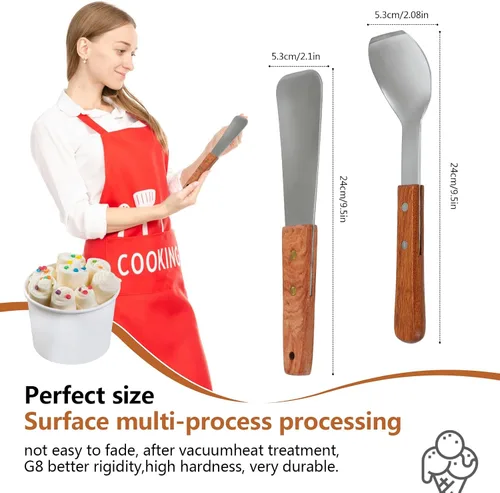 Vista 5 de Cuchara de helado de 2 piezas con mango de madera, pala de postre de acero inoxidable y cortador de mantequilla, herramienta esencial de cocina