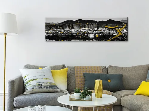 Vista 3 de JiazuGo Phoenix Skyline Arte de Pared en Lienzo - Paisaje Urbano de Arizona Enmarcado (14x48 Pulgadas) Negro y Blanco con Amarillo, Decoración
