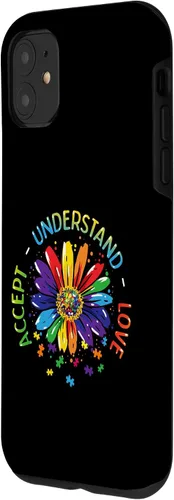 Vista 2 de Funda para iPhone 11 con diseño de flores ASD y arcoíris para concienciación sobre el autismo