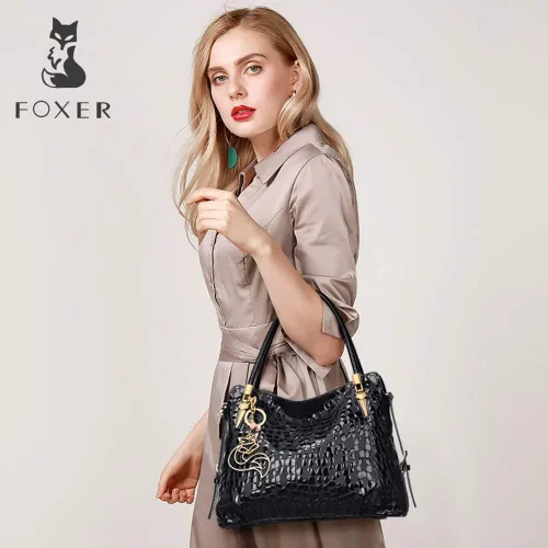 Vista 7 de FOXER Bolso de mano de cuero genuino para mujer, bolso de hombro con asa superior