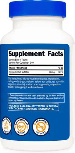 Vista 5 de Nutricost Hierro (Como Sulfato Ferroso) 65mg, 240 Tabletas - Sin OGM, Sin Gluten