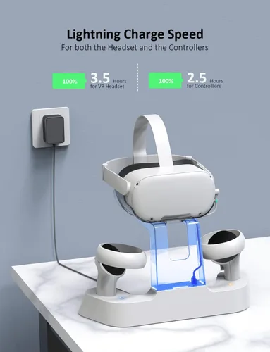 Vista 2 de NexiGo Base de carga mejorada con luz LED para Oculus Quest 2, compatible con correa Elite con batería, soporte de exhibición de auriculares
