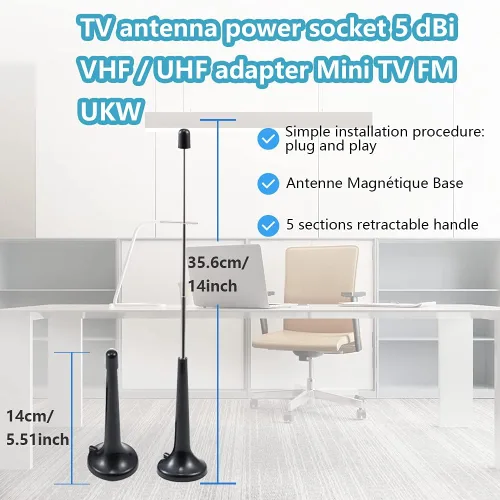 Vista 4 de DVB-T - Antena digital HDTV con base magnética - Poste telescópico de 5 secciones - Mini antena de TV VHF/UHF de 5dBi - Cable coaxial RG174 de 4.9