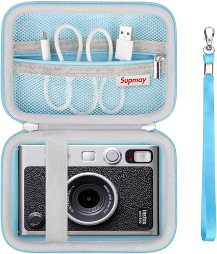 Vista 13 de Funda de transporte compatible con cámara instantánea Fujifilm Instax Mini EVO, bolsa de viaje con bolsillo de malla para fotos, cables USB Negro