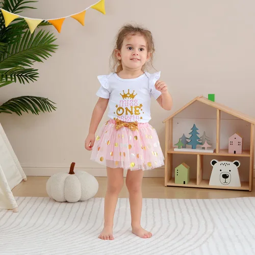 Vista 2 de Conjunto de ropa para bebé niña de primer cumpleaños con falda tutú con diadema