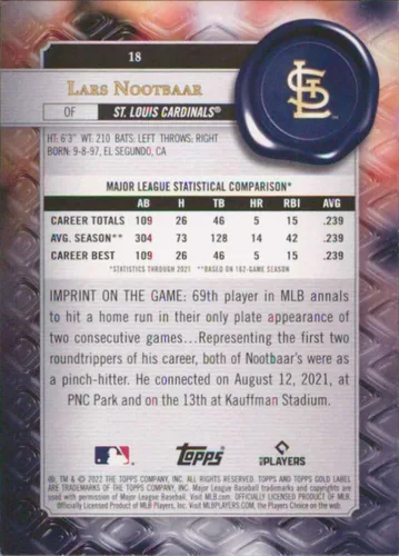 Vista 2 de Tarjeta de béisbol de novato Topps Gold Label Clase 1 #18 Lars Nootbaar St. Louis Cardinals 2022 - GotBaseballCards