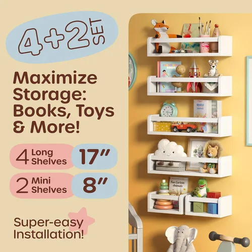 Vista 3 de HOMEY PANDA Estanterías de Pared para Guardería - 4 Estantes Largos + 2 Mini Estantes, Almacenamiento para Habitación de Niños