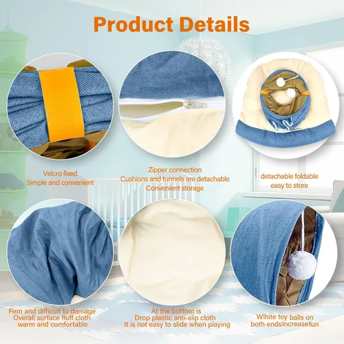 Vista 3 de BWOGUE Cama Túnel para Conejos, Juguetes de Tubos Túnel Plegables 2 en 1 con Alfombrilla Removible y Escondite para Gatos, Gatitos, Conejos