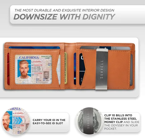 Vista 4 de Suavell Billeteras delgadas de cuero para hombres. Cartera con clip para dinero. Cartera de perfil bajo RFID Cartera minimalista