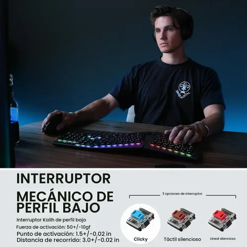 Vista 3 de Perixx PERIBOARD-835BL Teclado Mecánico Ergonómico Inalámbrico - Retroiluminación RGB - Interruptores de Clic Azules de Bajo Perfil - Conexión a