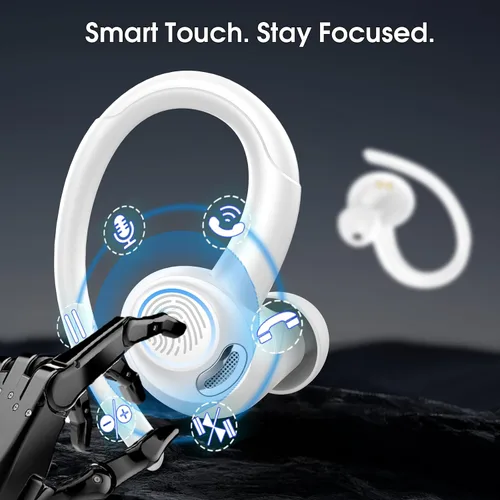 Vista 8 de Auriculares deportivos inalámbricos con gancho para la oreja, 48H Deep Bass/ENC Mic Ear Buds White Wireless Earphone with LED Display, Bluetooth