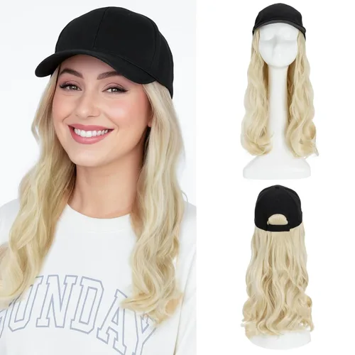 Vista 25 de SEGO - Peluca de gorra con pelo adjunto para mujer, gorra negra de béisbol con extensiones de pelo, gorra de béisbol larga y ondulada con ajuste