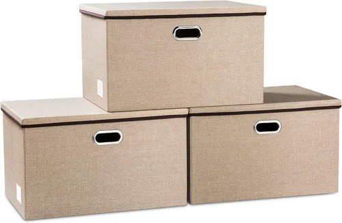 Vista 22 de PRANDOM Contenedores de almacenamiento con tapas [paquete de 3] cajas de almacenamiento plegables de tela de lino, canastas organizadoras, cubos