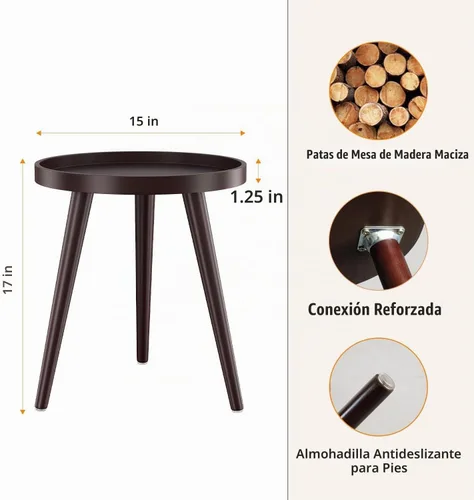 Vista 2 de Apicizon - Mesa auxiliar redonda, mesa auxiliar marrón con patas de madera