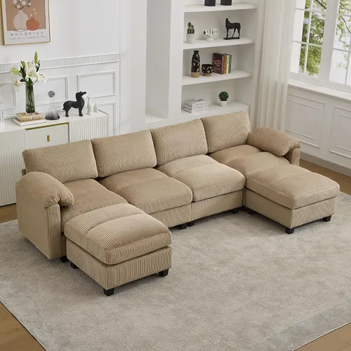 Vista 8 de Sofá modular de 61 pulgadas con otomana, asiento extra profundo para sala de estar, sofá de asiento profundo de pana con almohadas para Beige