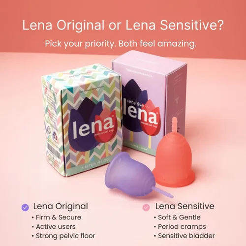 Vista 8 de Lena Juego de 2 copas menstruales sensibles ultrasuaves (pequeñas y grandes) de silicona de grado médico para mujeres, flujo pesado, reutilizable