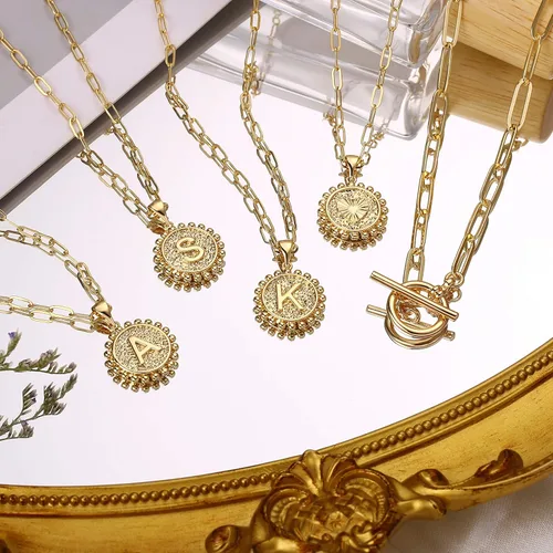 Vista 6 de Collares con iniciales en capas de oro para mujer, collar de cadena de clip chapado en oro real de 14 quilates, collares con inicial, gargantilla