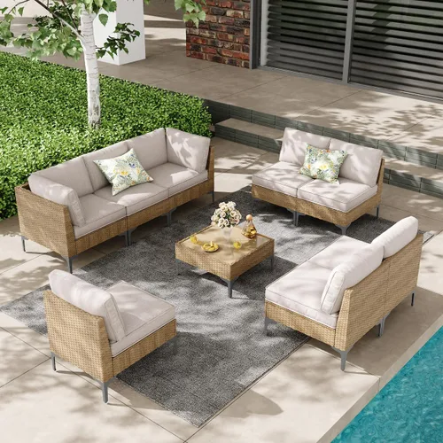 Vista 8 de JOYURE Juego de muebles de mimbre para patio, sofá biplaza de conversación al aire libre con mesa auxiliar, sofá de exterior para todo tipo de clima