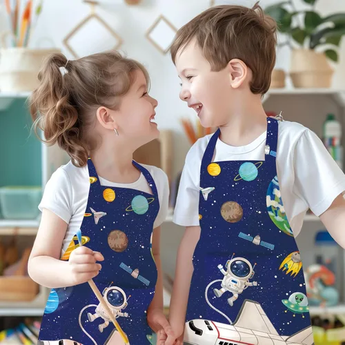 Vista 4 de DECOWALL AP-004 - Delantal para niños, planetas espaciales para niños y niñas, delantales de cocina con bolsillo para niños, cocina, hornear