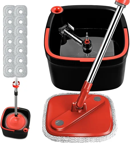 Vista 10 de Trapeador giratorio y cubo con sistema de agua sucia y limpia M16 con 2 almohadillas, cabezal de trapeador giratorio de 360° y cubo para piso