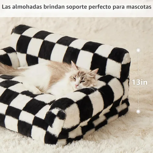 Vista 3 de BFPETHOME Sofá cama para gatos y perros, sofá para mascotas pequeñas, bonito sofá para gatos, cama para perros a cuadros con funda lavable