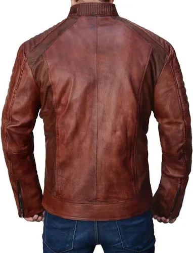 Vista 17 de Prime-Fashion Mens Vintage Motorcycle Distressed Retro Biker Leather Jacket